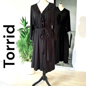 Torrid-Little black dress! 22/24. Faux wrap. Ruffle V neck. Pockets. EUC!